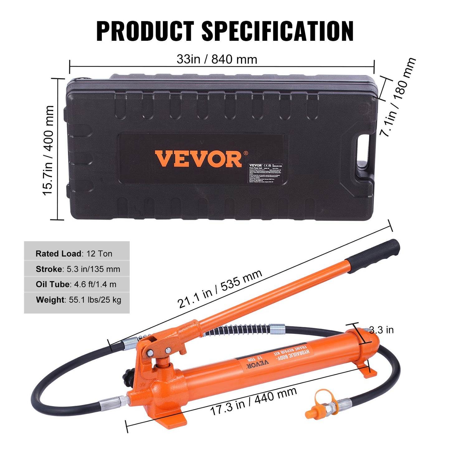 12 Ton Porta Power Kit, Hydraulic Ram with Pump with 4.6 ft/1.4 m Oil Hose, Portable Hydraulic Jack with Storage Case for Automotive, Garage, Farm, Mechanic (26455 LBS)
