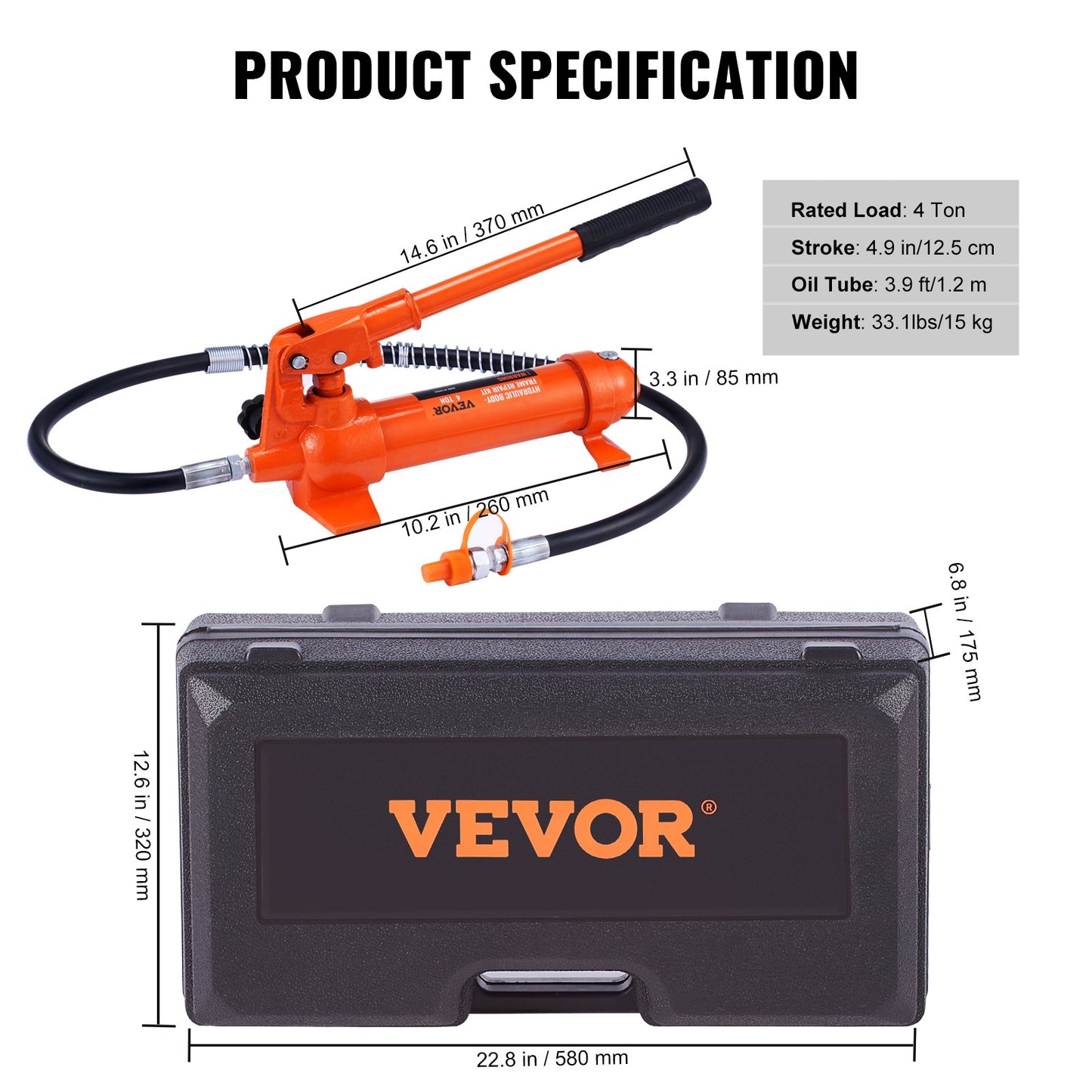 4 Ton Porta Power Kit, Portable Hydraulic Jack with 3.9 ft/1.2 m Oil Hose, Auto Body Frame Repair Kit with Storage Case for Car Repair, Truck, Farm (8800 LBS)
