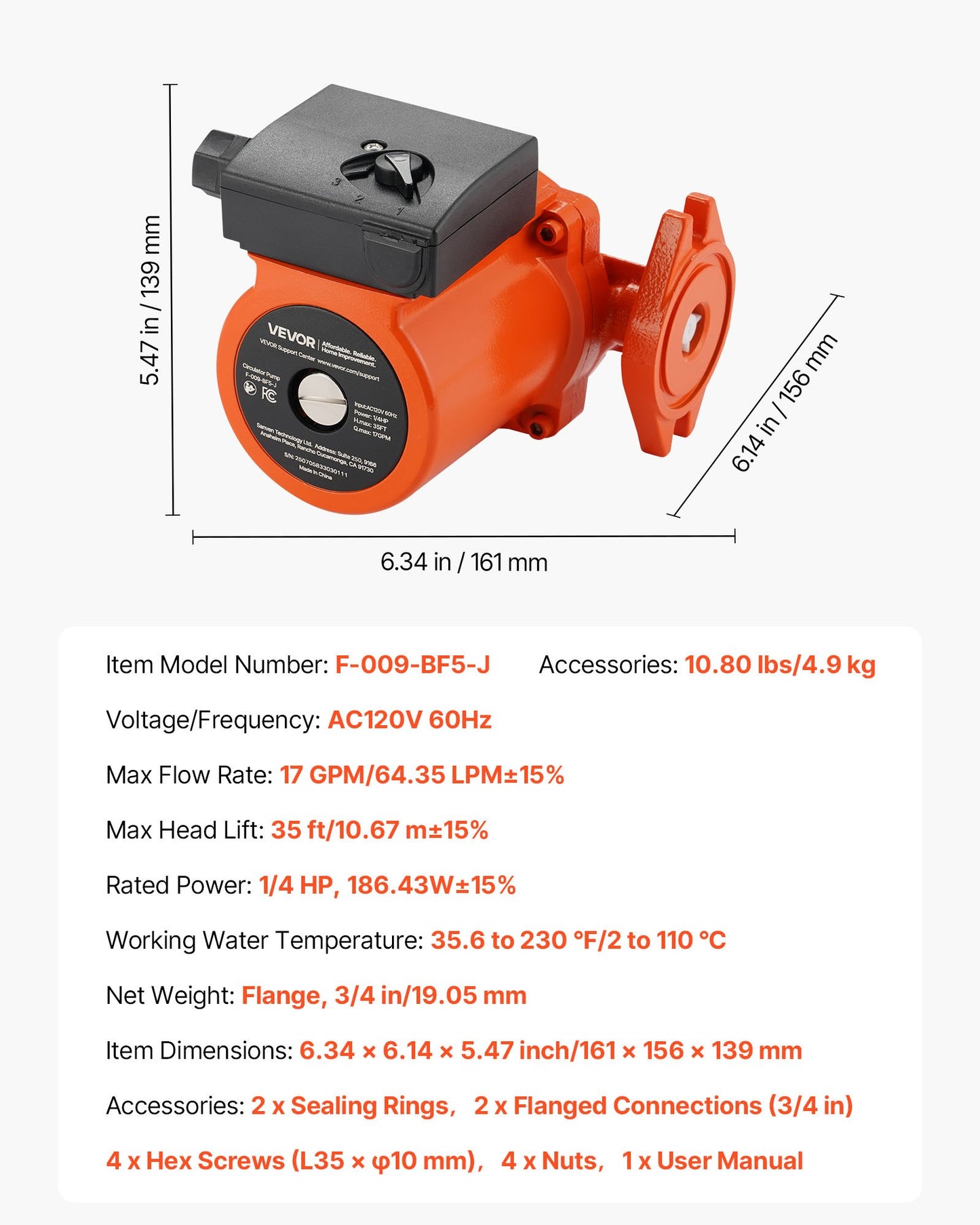 F-009-BF5-J Cast Iron Circulator Pump, 17 GPM, AC 120V 35 ft Hot Water Recirculating Circulation Pump, 3/4-Inch Flange Connection, 3-Speed Adjustment, Quiet Operation, for Home Heating System