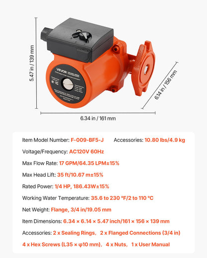 F-009-BF5-J Cast Iron Circulator Pump, 17 GPM, AC 120V 35 ft Hot Water Recirculating Circulation Pump, 3/4-Inch Flange Connection, 3-Speed Adjustment, Quiet Operation, for Home Heating System