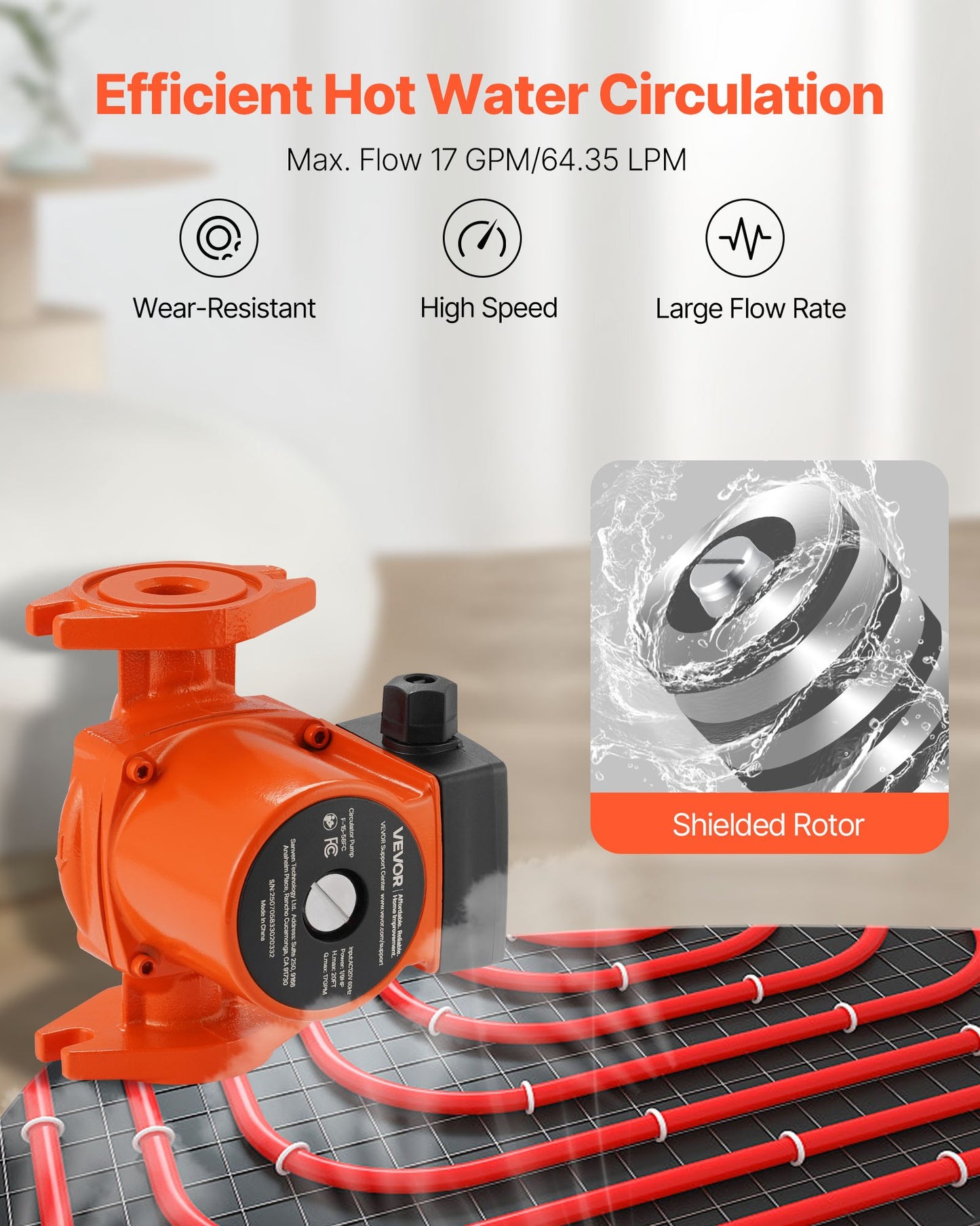 F-15-58FC Cast Iron Circulator Pump, 17 GPM, AC 120V 20 ft Hot Water Recirculating Circulation Pump, 1-Inch Flange Connection, 3-Speed Adjustment, Quiet Operation, for Home Water Heating System