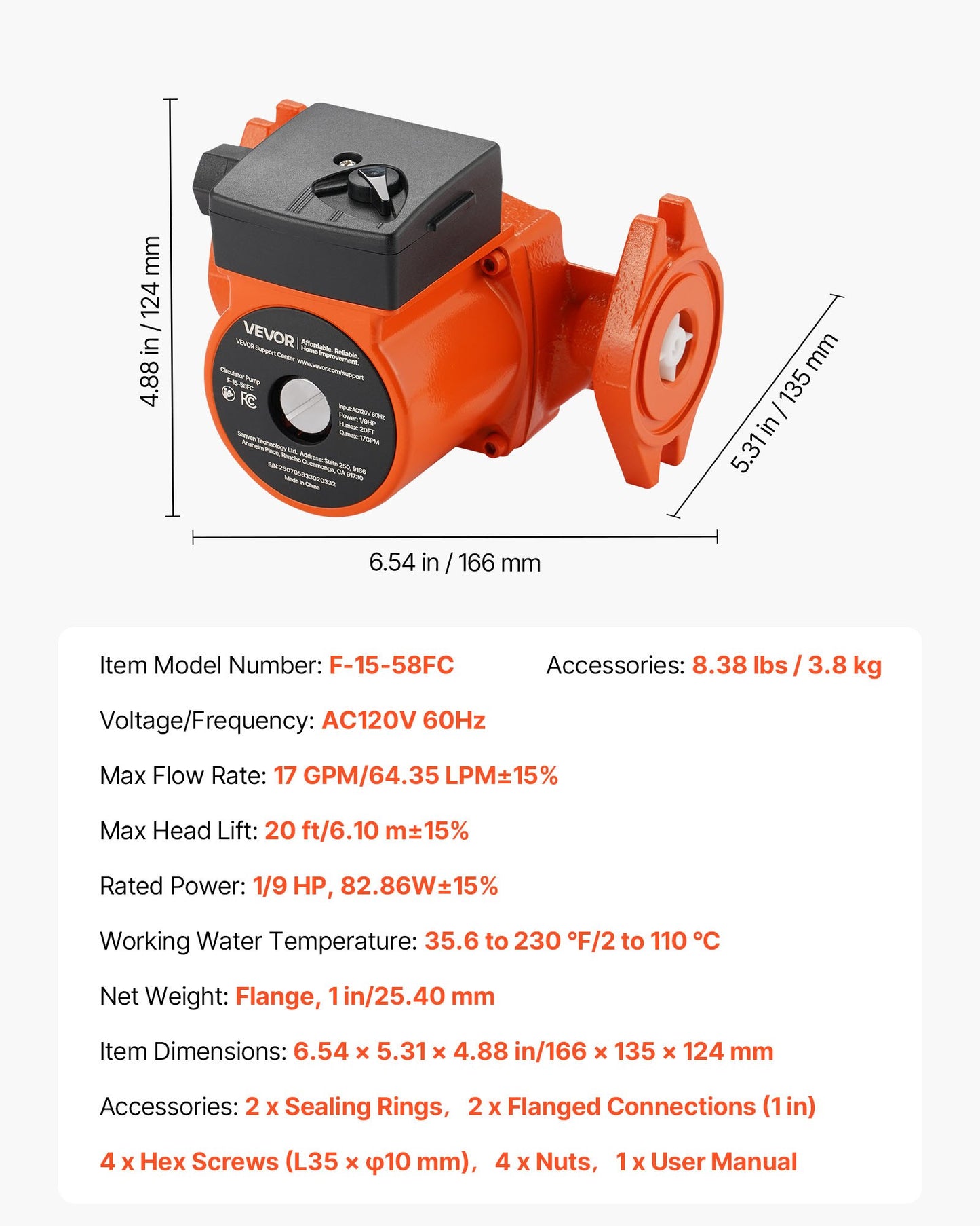 F-15-58FC Cast Iron Circulator Pump, 17 GPM, AC 120V 20 ft Hot Water Recirculating Circulation Pump, 1-Inch Flange Connection, 3-Speed Adjustment, Quiet Operation, for Home Water Heating System