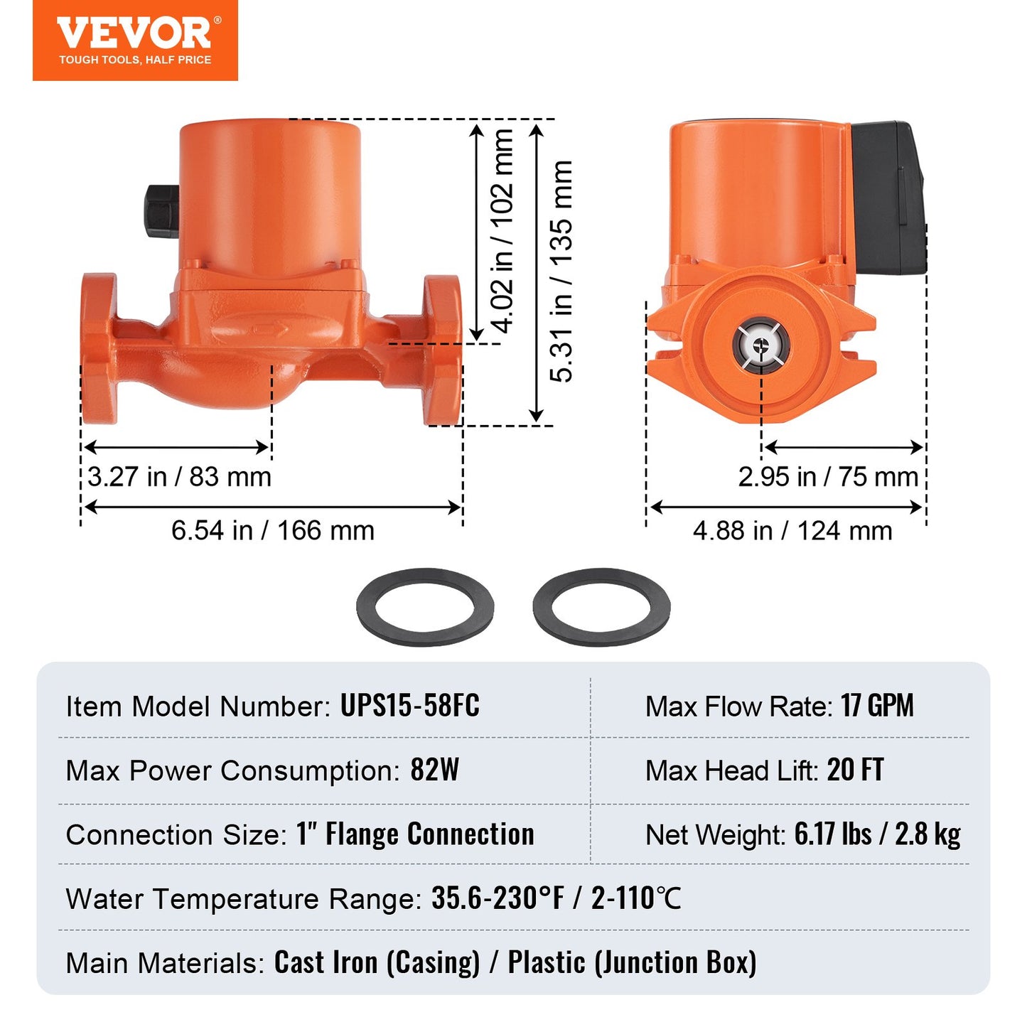 UPS15-58FC Hot Water Recirculating Pump, 110V, 82W 17 GPM Hot Water Circulation Pump, 1" NPT Flange 3-Speed Circulator Pump, Quiet Operation Circulator Pump for Home Water Heater System