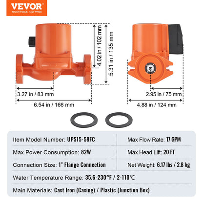 UPS15-58FC Hot Water Recirculating Pump, 110V, 82W 17 GPM Hot Water Circulation Pump, 1" NPT Flange 3-Speed Circulator Pump, Quiet Operation Circulator Pump for Home Water Heater System