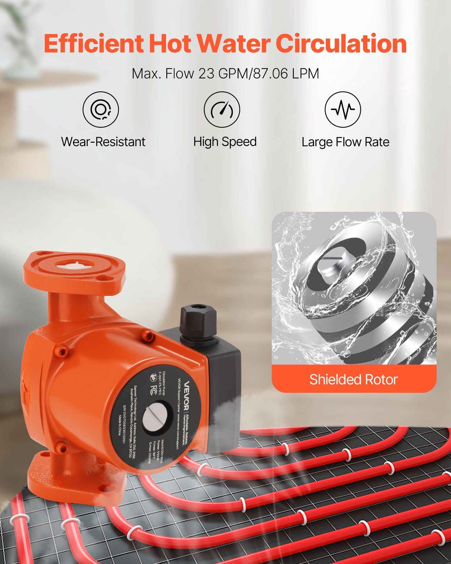 F-007-F5-71FC Cast Iron Circulator Pump, 23 GPM, AC 120V 16 ft Hot Water Recirculating Circulation Pump, 1-Inch Flange Connection, 3-Speed Adjustment, Quiet Operation, for Home Heating System