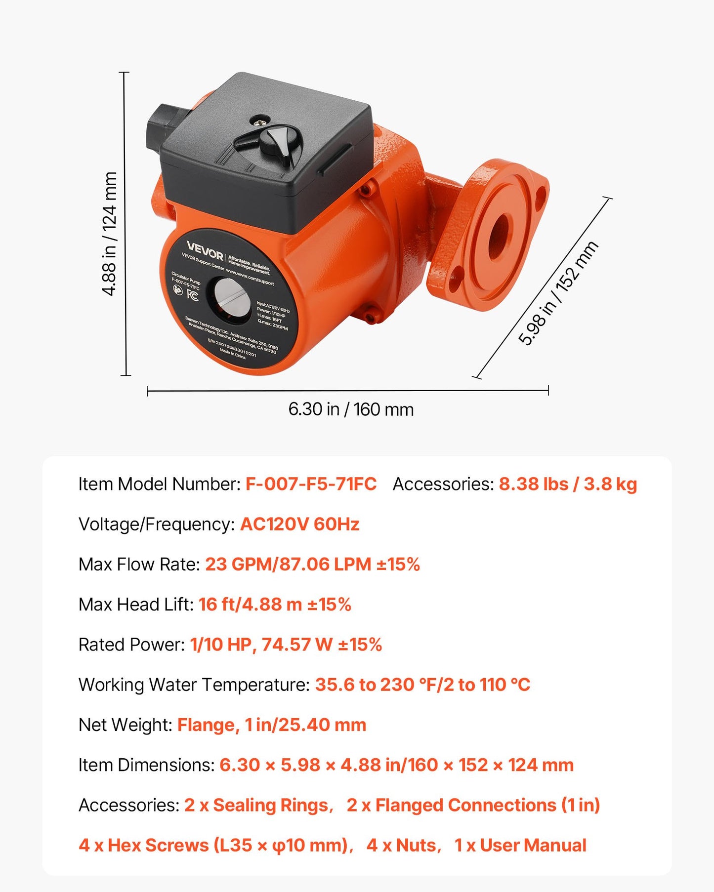 F-007-F5-71FC Cast Iron Circulator Pump, 23 GPM, AC 120V 16 ft Hot Water Recirculating Circulation Pump, 1-Inch Flange Connection, 3-Speed Adjustment, Quiet Operation, for Home Heating System
