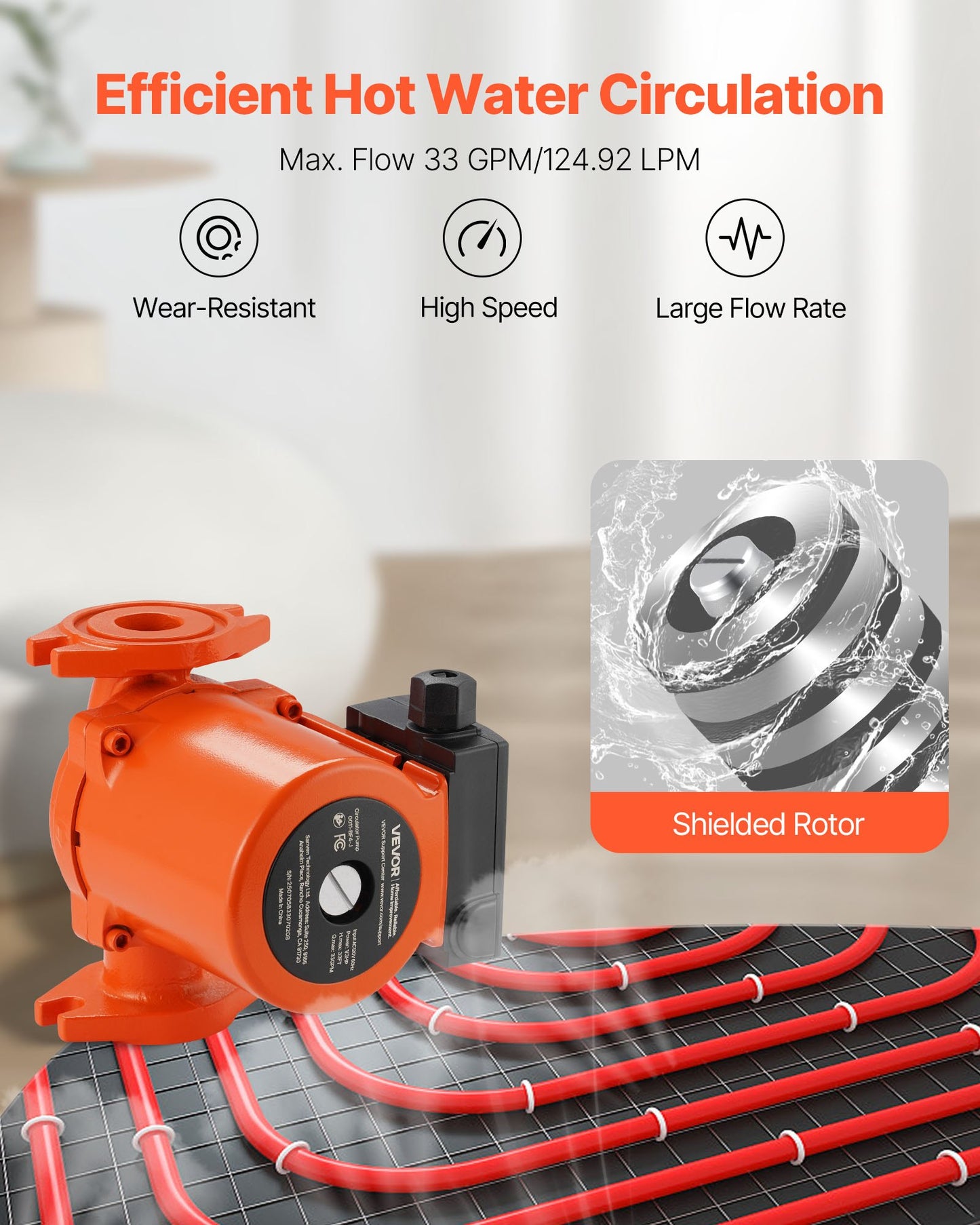 0011-BF4-J Cast Iron Circulator Pump, 33 GPM, AC 120V 33 ft Hot Water Recirculating Circulation Pump, 1-1/4 in Flange Connection, 3-Speed Adjustment, Quiet Operation, for Home Heating System