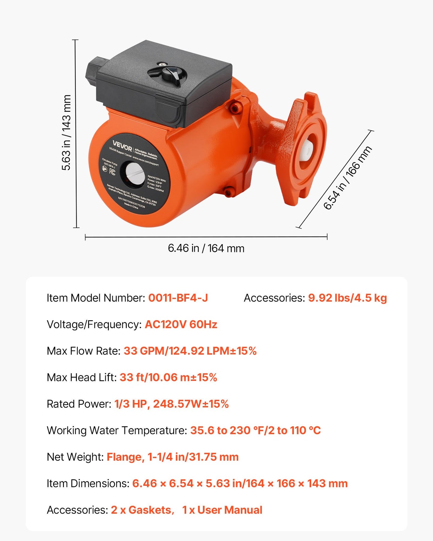 0011-BF4-J Cast Iron Circulator Pump, 33 GPM, AC 120V 33 ft Hot Water Recirculating Circulation Pump, 1-1/4 in Flange Connection, 3-Speed Adjustment, Quiet Operation, for Home Heating System