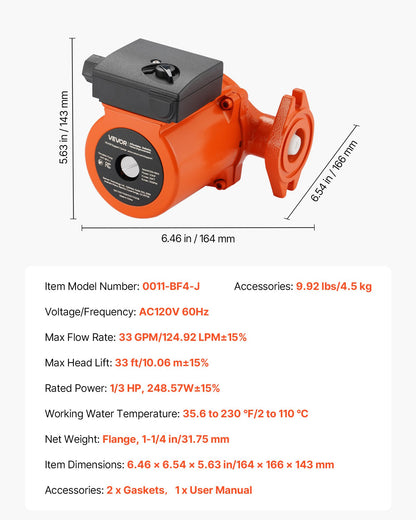 0011-BF4-J Cast Iron Circulator Pump, 33 GPM, AC 120V 33 ft Hot Water Recirculating Circulation Pump, 1-1/4 in Flange Connection, 3-Speed Adjustment, Quiet Operation, for Home Heating System