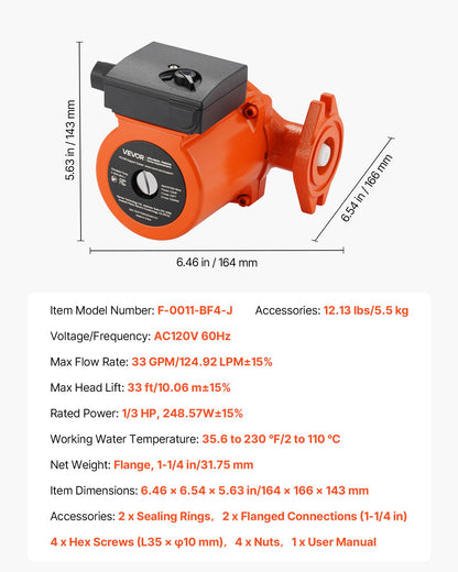 F-0011-BF4-J Cast Iron Circulator Pump, 33 GPM, AC 120V 33 ft Hot Water Recirculating Circulation Pump, 1-1/4 in Flange Connection, 3-Speed Adjustment, Quiet Operation, for Home Heating System