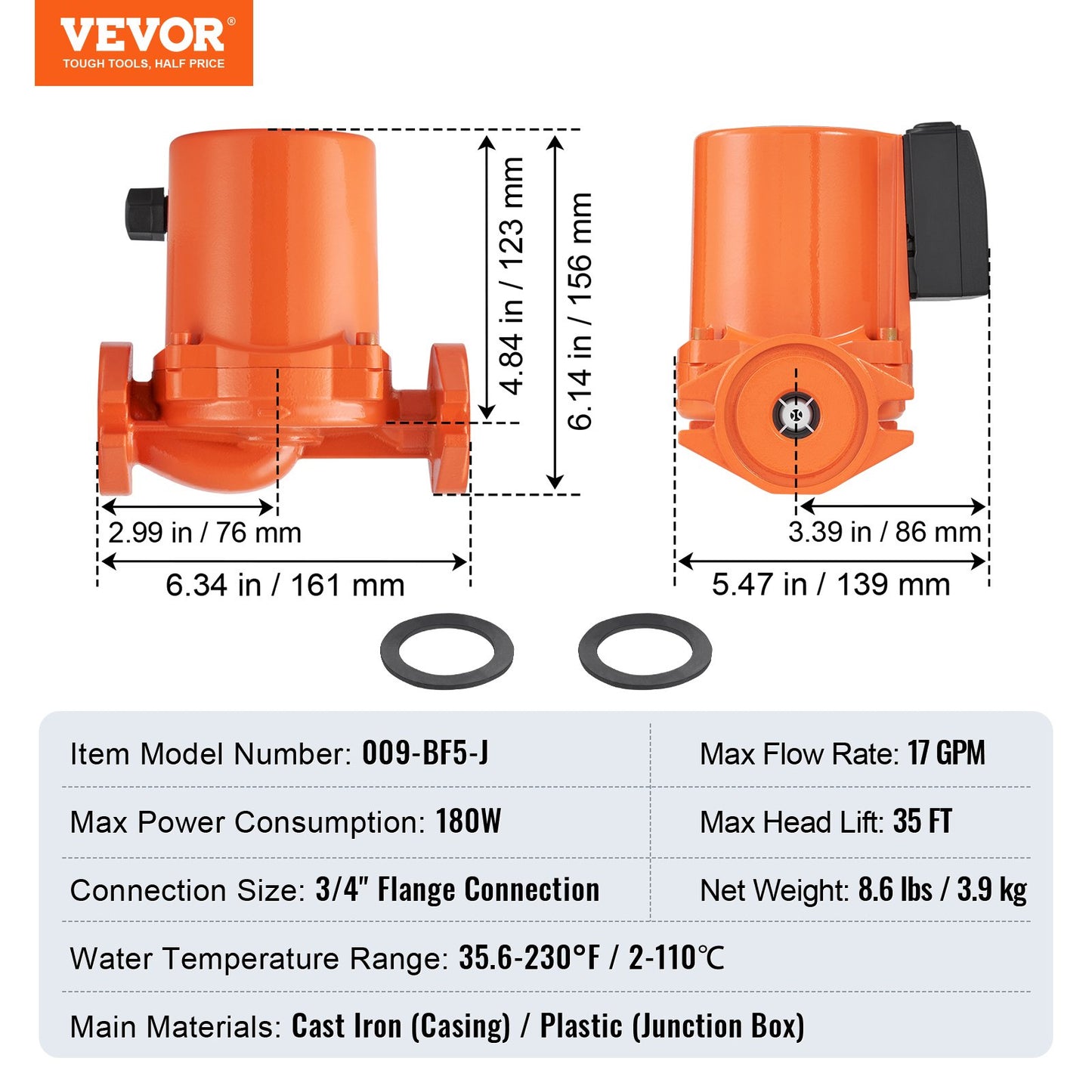 009-BF5-J Hot Water Recirculating Pump, 110V, 180W 10 GPM Hot Water Circulation Pump, 3/4" NPT Flange 3-Speed Circulator Pump, Quiet Operation Circulator Pump for Home Water Heater System