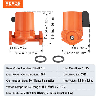 009-BF5-J Hot Water Recirculating Pump, 110V, 180W 10 GPM Hot Water Circulation Pump, 3/4" NPT Flange 3-Speed Circulator Pump, Quiet Operation Circulator Pump for Home Water Heater System