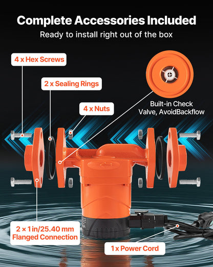F-007E-1F1 High Efficiency Circulator Pump, 16 GPM, 120V 20 ft Cast Iron Hot Water Recirculating Circulation Pump, 1 in Flange Connection, Check Valve, Quiet Operation, for Home Heating System