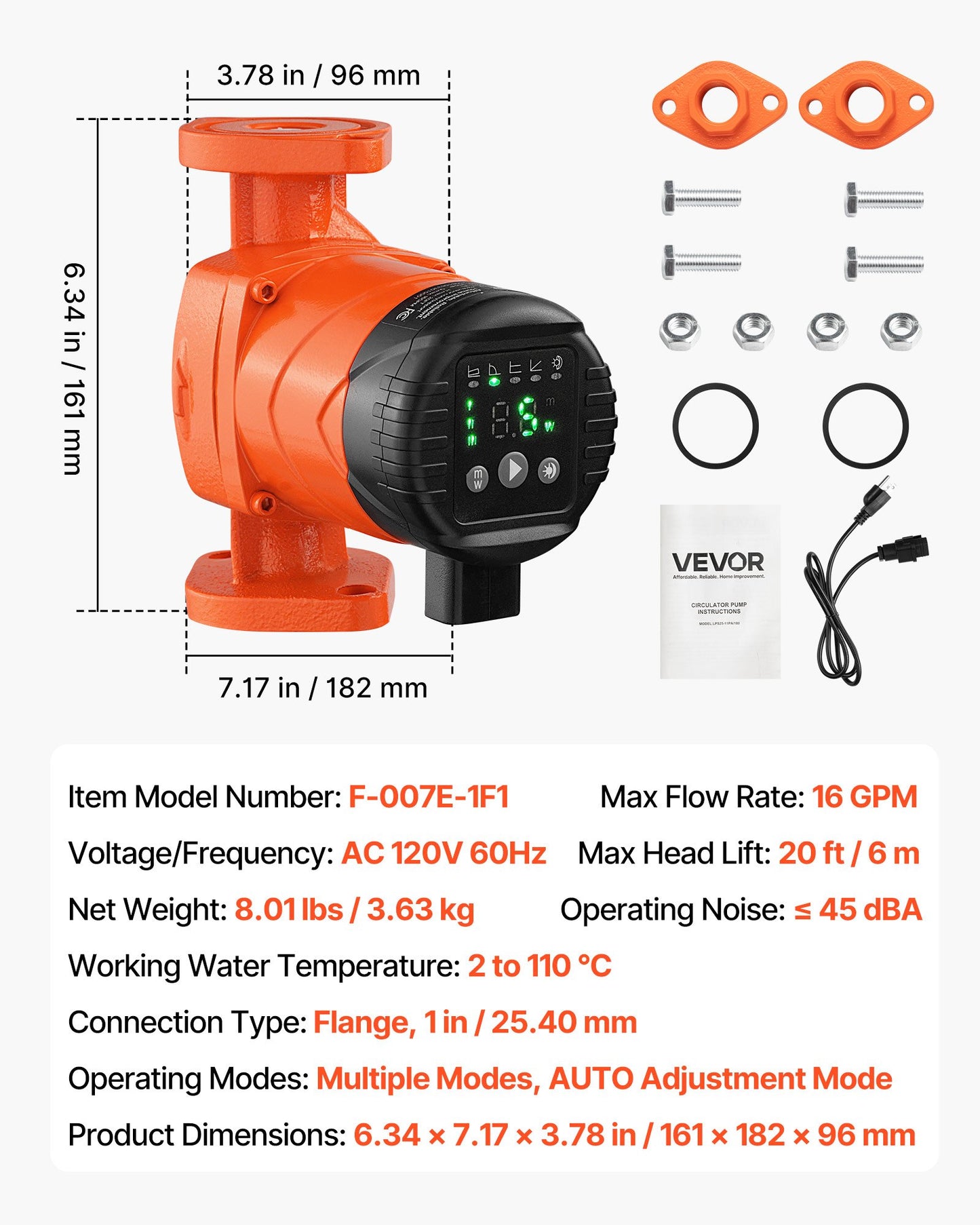 F-007E-1F1 High Efficiency Circulator Pump, 16 GPM, 120V 20 ft Cast Iron Hot Water Recirculating Circulation Pump, 1 in Flange Connection, Check Valve, Quiet Operation, for Home Heating System