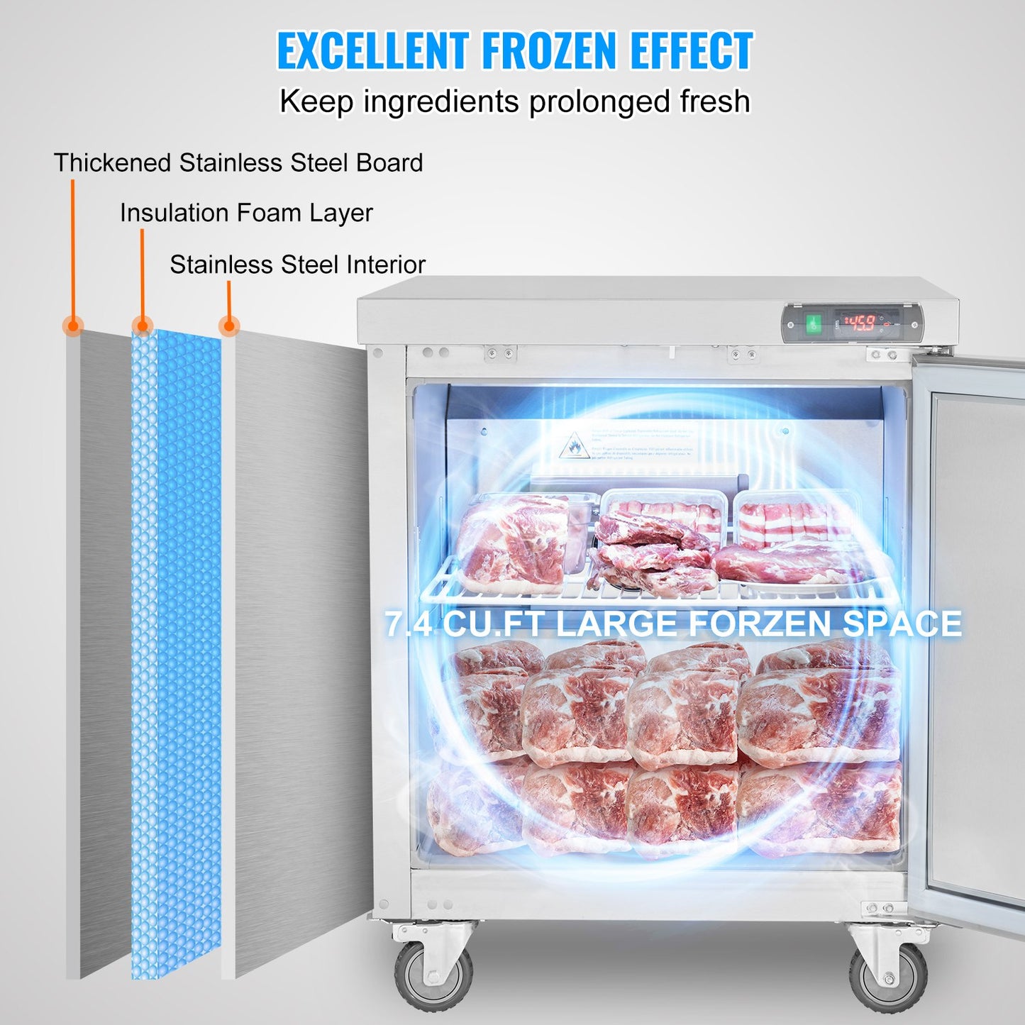 28" Commercial Frozen Refrigerator Sandwich & Salad Prep Table, 7.4 Cu. Ft Stainless Steel Refrigerated Food Prep Station with 1 Door, Frost Free Refrigerator with Lock for Restaurant, Bar
