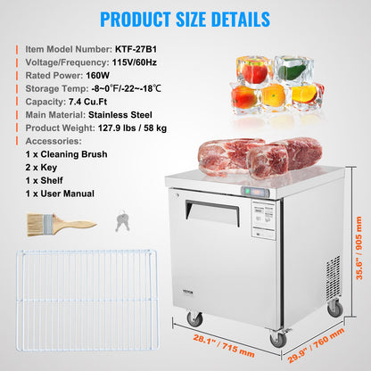 28" Commercial Frozen Refrigerator Sandwich & Salad Prep Table, 7.4 Cu. Ft Stainless Steel Refrigerated Food Prep Station with 1 Door, Frost Free Refrigerator with Lock for Restaurant, Bar