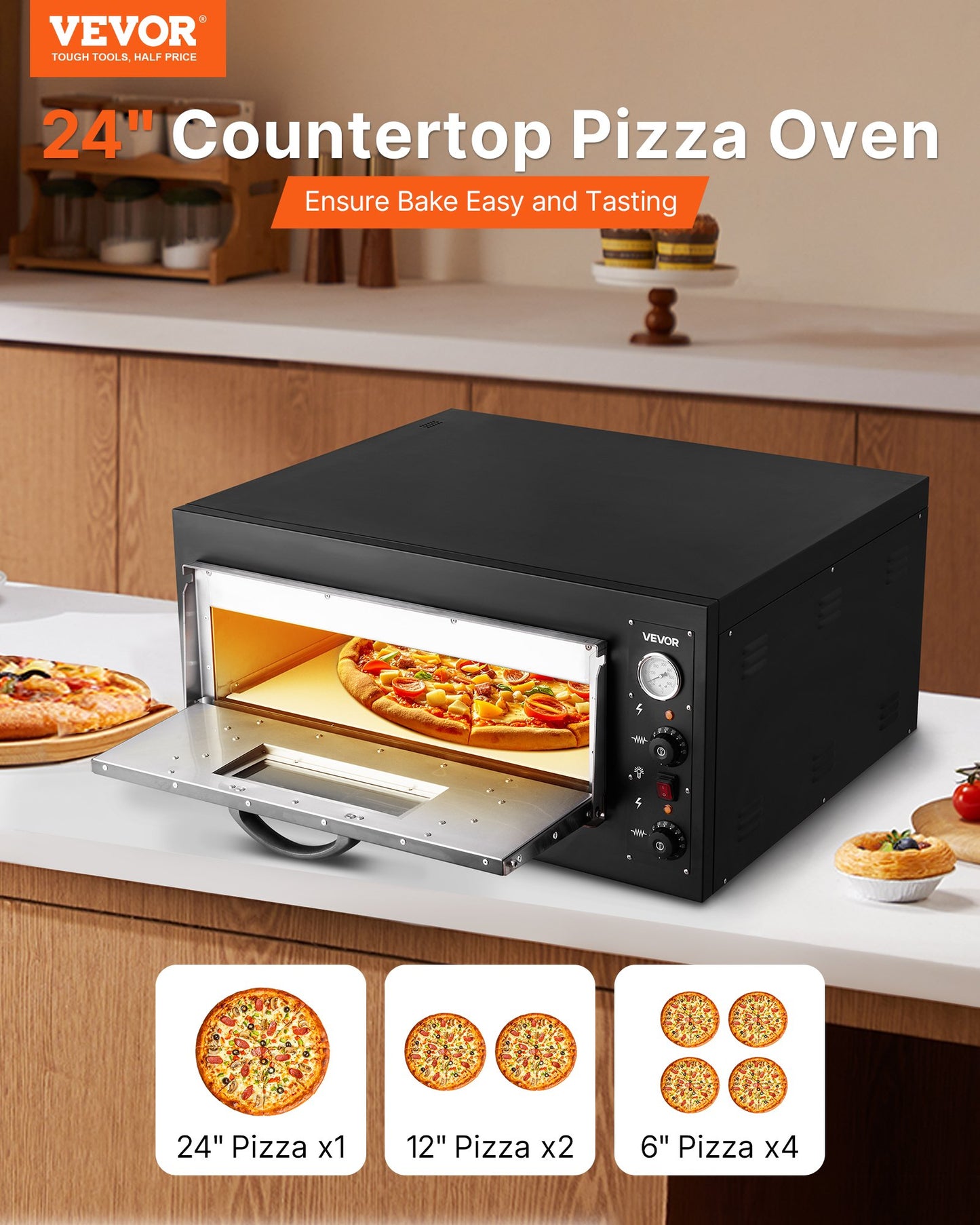 Pizza Oven Electric, 24" Commercial Countertop Pizza Oven, 842°F Max Temp, 4200W Indoor Pizza Maker with Thermometer, Dual Temp Control Knob, Even Heat Pizza Cooker for Restaurant and Home Use