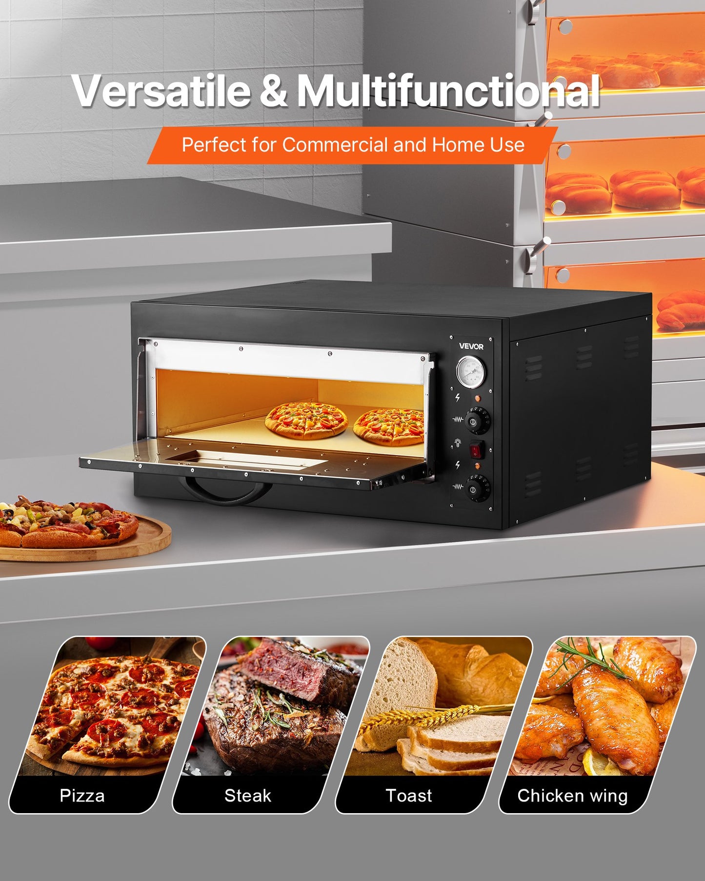 Pizza Oven Electric, 24" Commercial Countertop Pizza Oven, 842°F Max Temp, 4200W Indoor Pizza Maker with Thermometer, Dual Temp Control Knob, Even Heat Pizza Cooker for Restaurant and Home Use