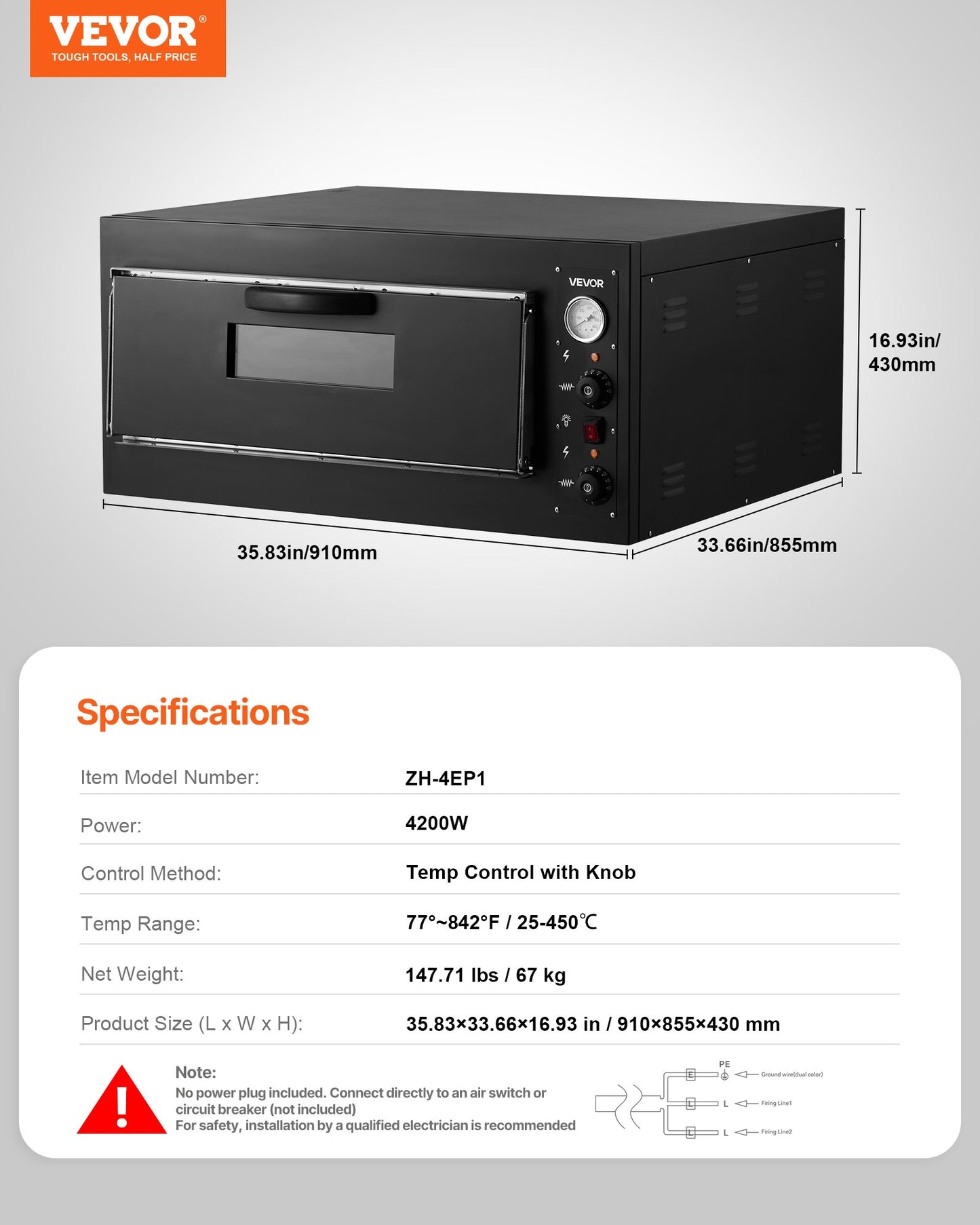 Pizza Oven Electric, 24" Commercial Countertop Pizza Oven, 842°F Max Temp, 4200W Indoor Pizza Maker with Thermometer, Dual Temp Control Knob, Even Heat Pizza Cooker for Restaurant and Home Use