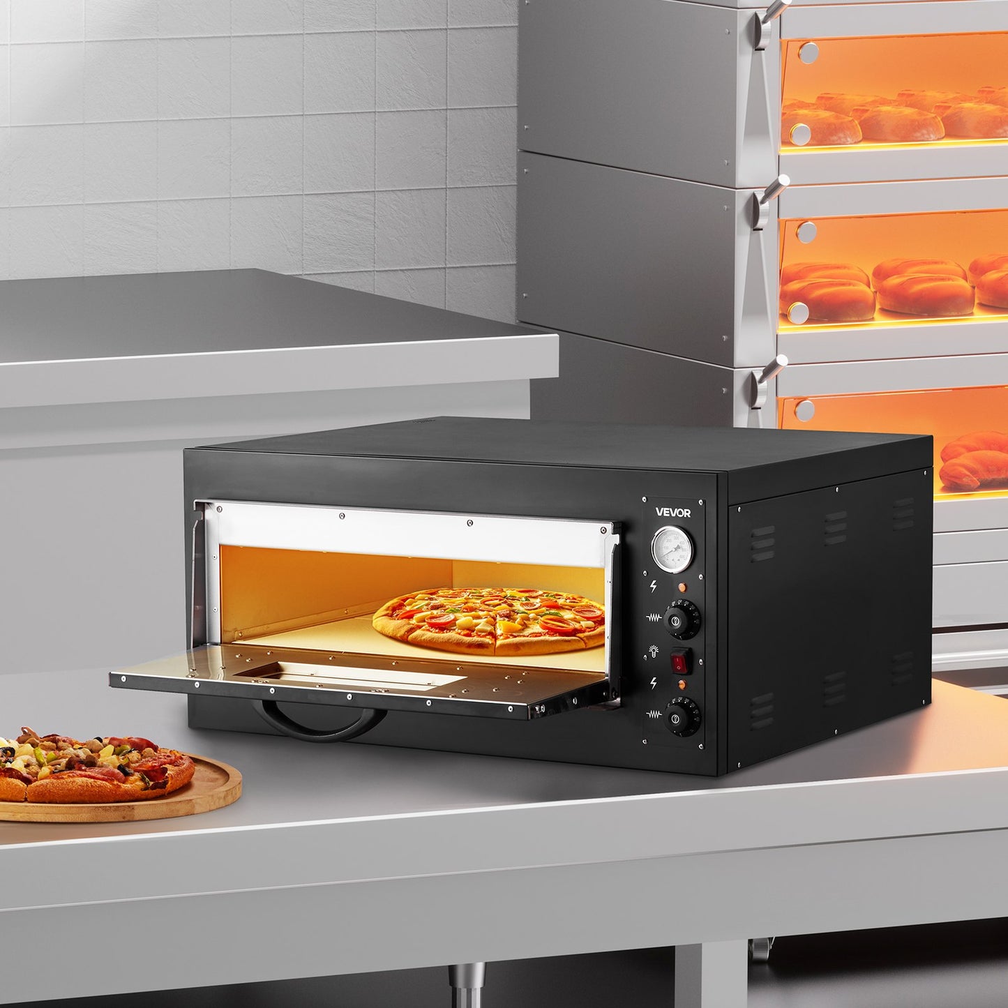 Pizza Oven Electric, 24" Commercial Countertop Pizza Oven, 842°F Max Temp, 4200W Indoor Pizza Maker with Thermometer, Dual Temp Control Knob, Even Heat Pizza Cooker for Restaurant and Home Use