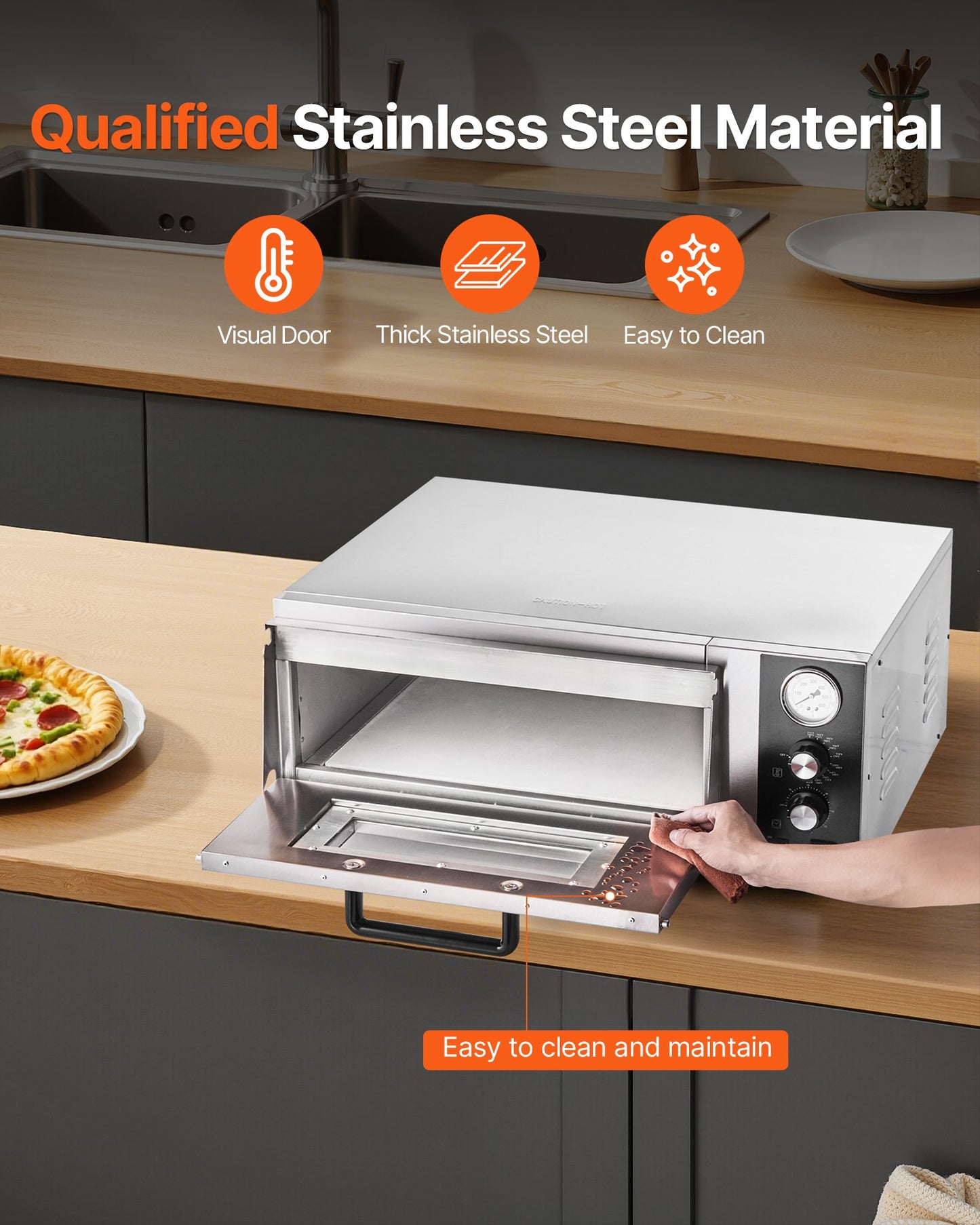 Electric Pizza Oven, 18-Inch Commercial Pizza Ovens, 842°F Max Temp, 1740W Large Pizza Oven Countertop with Temp & Time Control, Built in Thermometer Indoor Pizza Maker for Restaurant Home Use