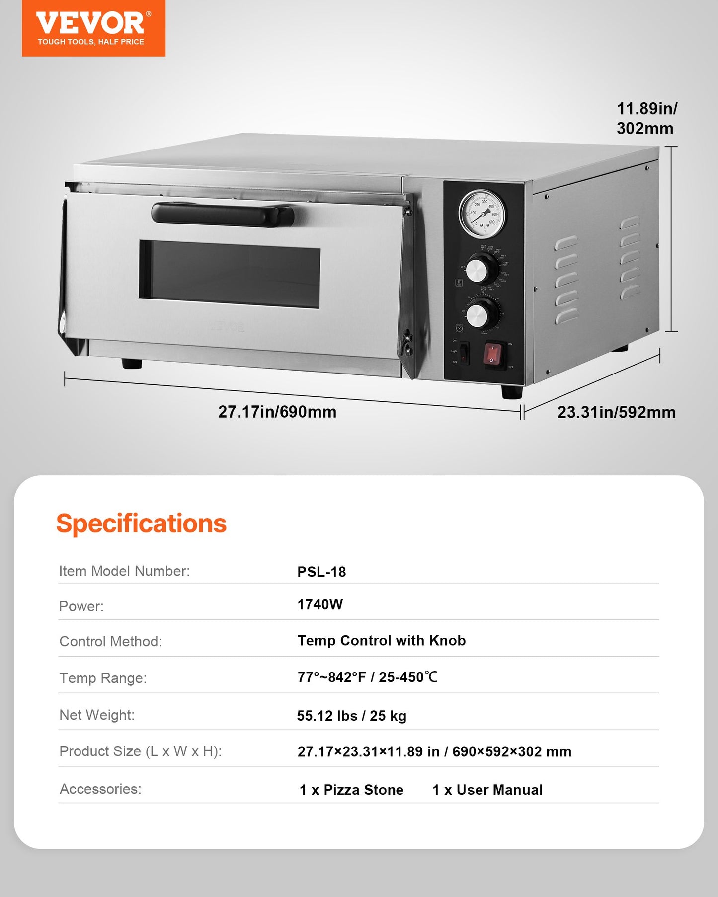 Electric Pizza Oven, 18-Inch Commercial Pizza Ovens, 842°F Max Temp, 1740W Large Pizza Oven Countertop with Temp & Time Control, Built in Thermometer Indoor Pizza Maker for Restaurant Home Use