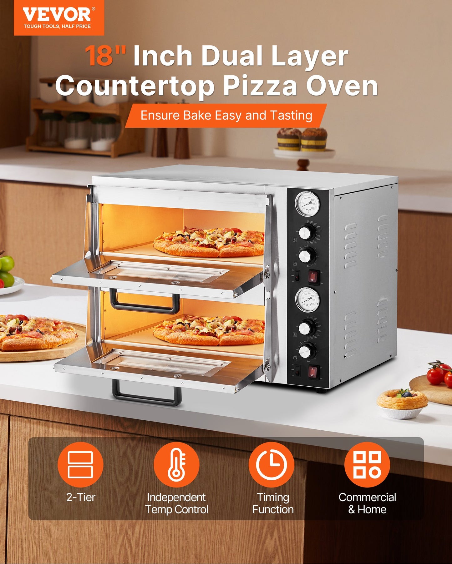 Pizza Oven Electric, 18" Double-Deck Commercial Countertop Pizza Oven, 842°F Max Temp, Indoor Pizza Maker with Thermometer, Independent Upper & Lower Temp Control & Timer for Home Restaurant