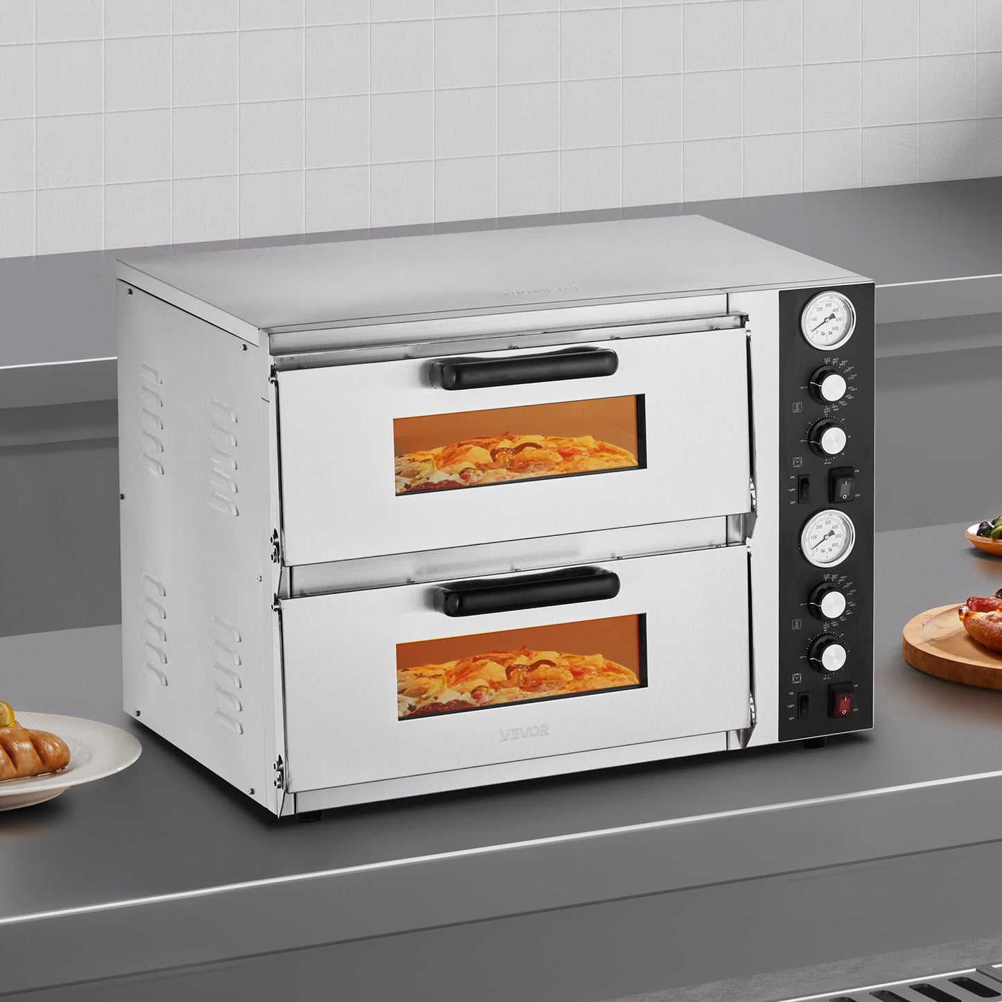 Pizza Oven Electric, 18" Double-Deck Commercial Countertop Pizza Oven, 842°F Max Temp, Indoor Pizza Maker with Thermometer, Independent Upper & Lower Temp Control & Timer for Home Restaurant