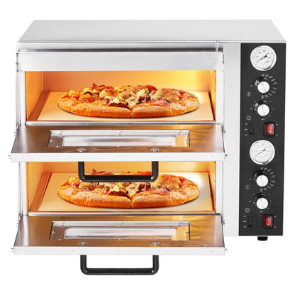 Pizza Oven Electric, 18" Double-Deck Commercial Countertop Pizza Oven, 842°F Max Temp, Indoor Pizza Maker with Thermometer, Independent Upper & Lower Temp Control & Timer for Home Restaurant