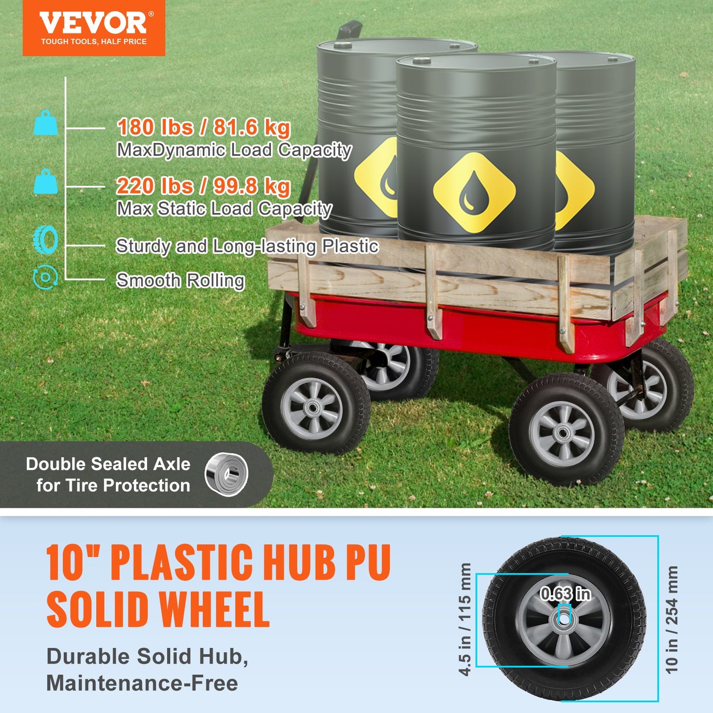 Solid PU Run-Flat Tire Wheels, 10", 2-Pack, 180 lbs Dynamic Load, 220 lbs Static Load, Flat-Free Tubeless Tires and Wheels for Hand Truck, Utility Cart, Dollies, Garden Trailers, Various Carts