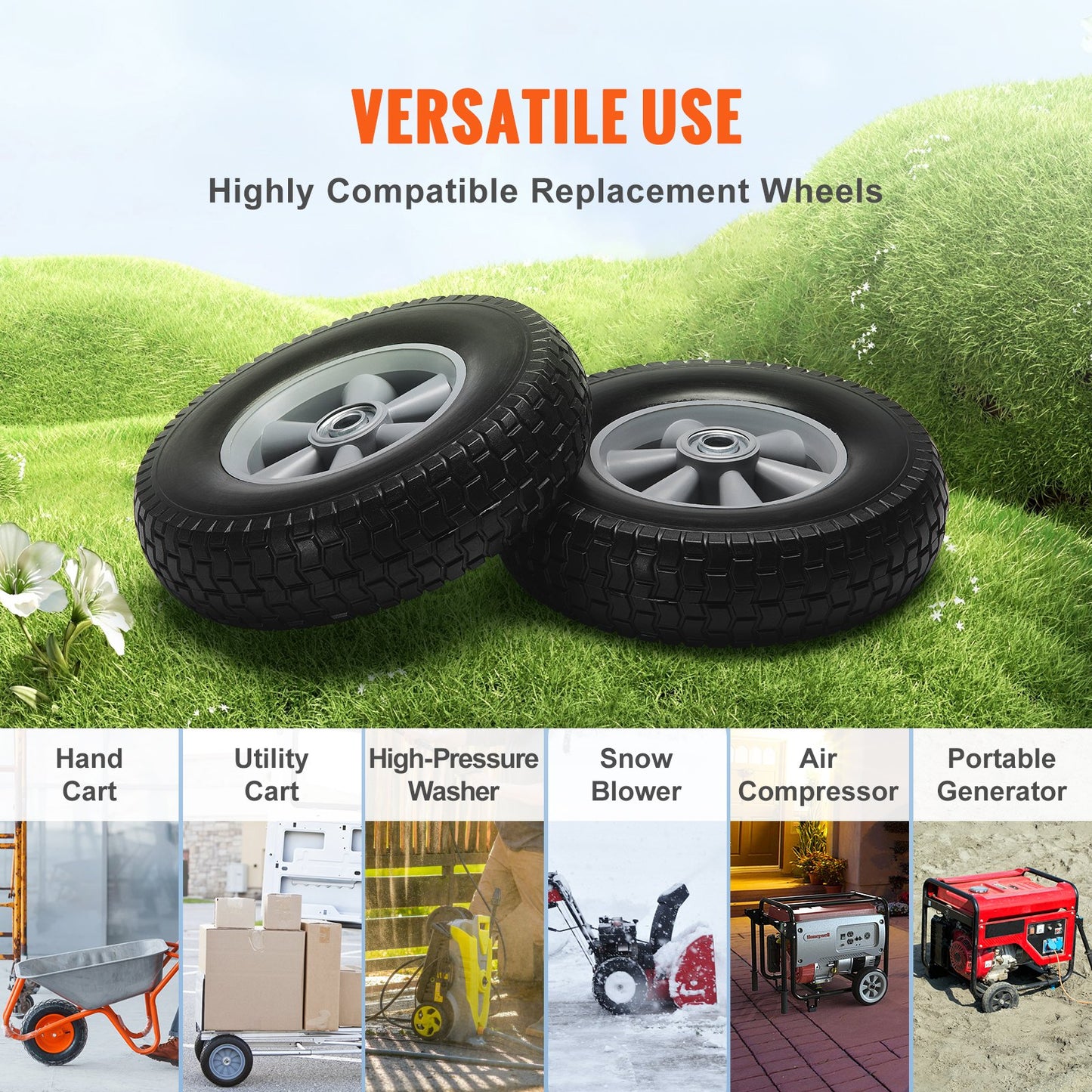 Solid PU Run-Flat Tire Wheels, 10", 2-Pack, 180 lbs Dynamic Load, 220 lbs Static Load, Flat-Free Tubeless Tires and Wheels for Hand Truck, Utility Cart, Dollies, Garden Trailers, Various Carts