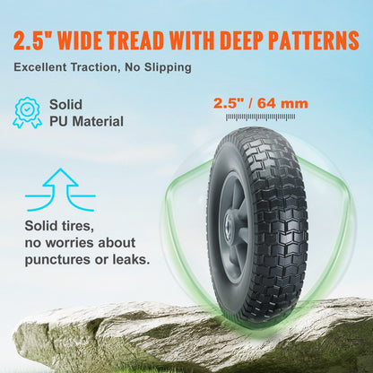 Solid PU Run-Flat Tire Wheel, 10", 2-Pack, 180 lbs Dynamic Load, 220 lbs Static Load, Flat Free Tubeless Tires and Wheels for Hand Truck, Utility Cart, Dollies, Garden Trailers, Various Carts