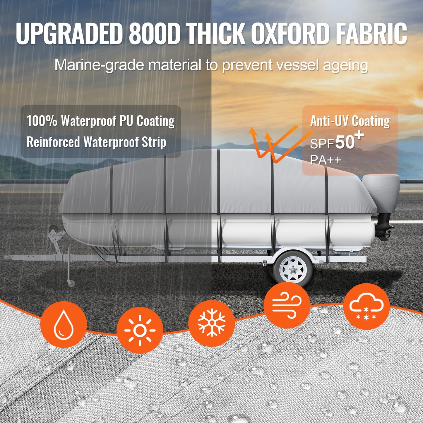 Pontonbåtsöverdrag, 19'-20' vattentätt släpvagnsbart pontonkåpa, 800D marint PU Oxford-tyg, med motorkåpa, 16 vindtäta spännband, passar för 19'-20'L, strålbredd till 96", grå