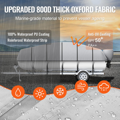 Pontonbåtsöverdrag, 19'-20' vattentätt släpvagnsbart pontonkåpa, 800D marint PU Oxford-tyg, med motorkåpa, 16 vindtäta spännband, passar för 19'-20'L, strålbredd till 96", grå