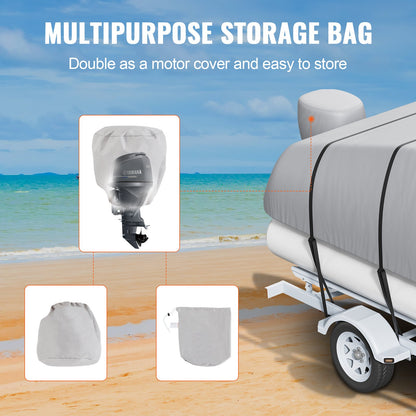 Pontonbåtsöverdrag, 19'-20' vattentätt släpvagnsbart pontonkåpa, 800D marint PU Oxford-tyg, med motorkåpa, 16 vindtäta spännband, passar för 19'-20'L, strålbredd till 96", grå