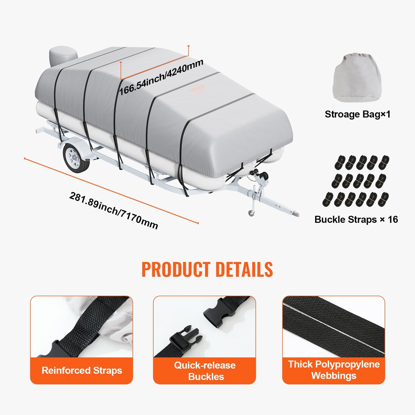 Pontoon Boat Cover, 19'-20' Waterproof Trailerable Pontoon Cover, 800D Marine Grade PU Oxford Fabric, with Motor Cover, 16 Windproof Buckle Straps, Fits for 19'-20'L, Beam Width to 96", Grey