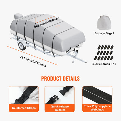 Pontoon Boat Cover, 19'-20' Waterproof Trailerable Pontoon Cover, 800D Marine Grade PU Oxford Fabric, with Motor Cover, 16 Windproof Buckle Straps, Fits for 19'-20'L, Beam Width to 96", Grey
