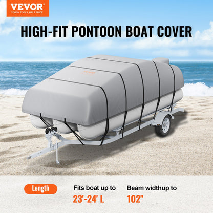 Pontoon Boat Cover, 23'-24' Waterproof Trailerable Pontoon Cover, 800D Marine Grade PU Oxford Fabric, with Motor Cover, 16 Windproof Buckle Straps, Fits for 23'-24'L, Beam Width to 102", Grey
