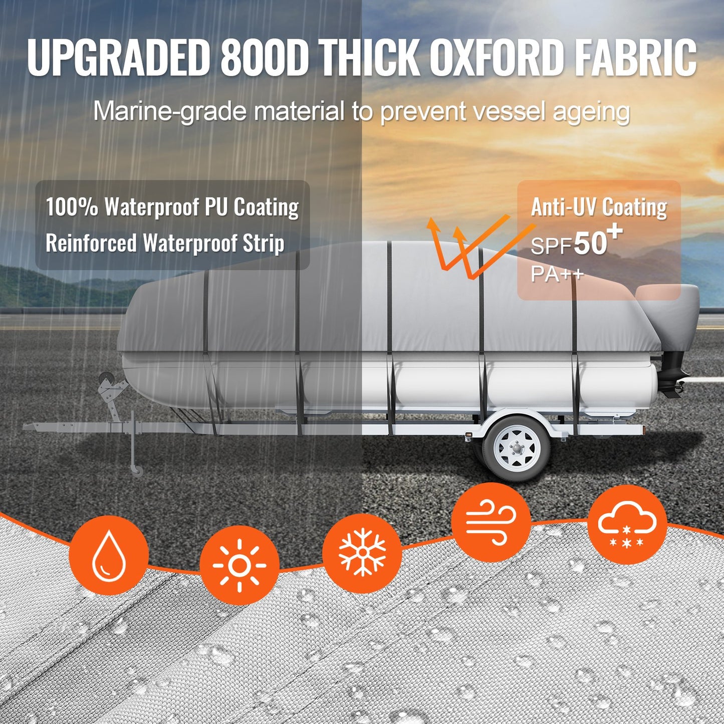 Ponton-Boot-Abdeckung, 23'-24' wasserdichte, trailerbare Ponton-Abdeckung, 800D Marine PU Oxford-Gewebe, mit Motorabdeckung, 16 winddichten Spanngurten, passend für 23'-24'L, Breite bis 102", Grau