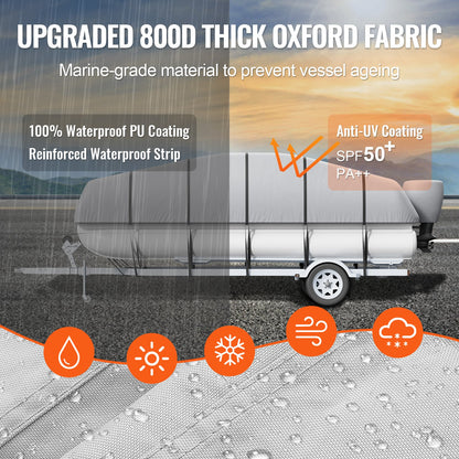 Ponton-Boot-Abdeckung, 23'-24' wasserdichte, trailerbare Ponton-Abdeckung, 800D Marine PU Oxford-Gewebe, mit Motorabdeckung, 16 winddichten Spanngurten, passend für 23'-24'L, Breite bis 102", Grau