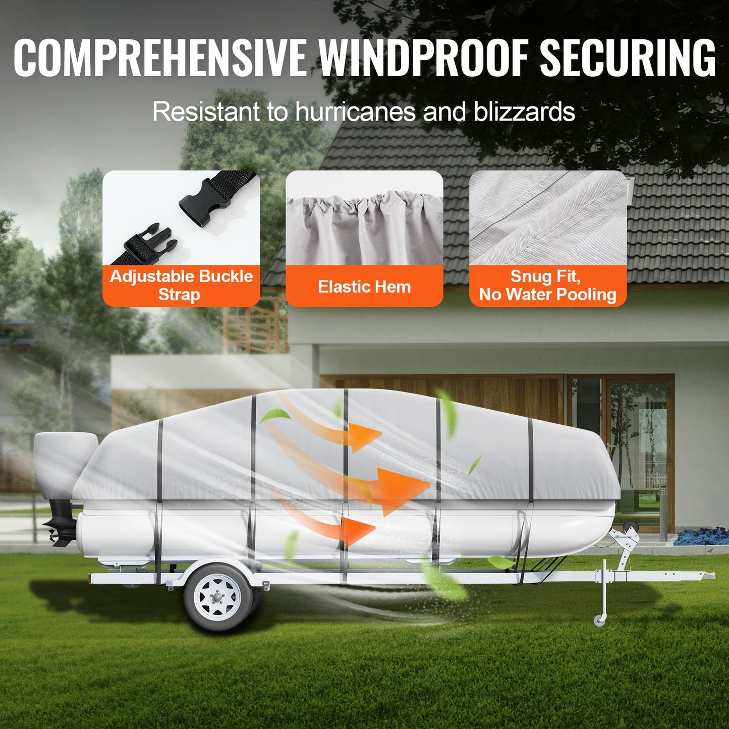Ponton-Boot-Abdeckung, 23'-24' wasserdichte, trailerbare Ponton-Abdeckung, 800D Marine PU Oxford-Gewebe, mit Motorabdeckung, 16 winddichten Spanngurten, passend für 23'-24'L, Breite bis 102", Grau