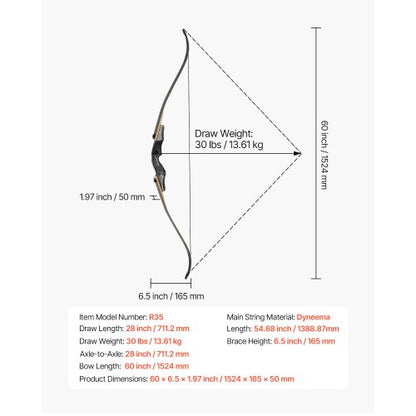 60 Inch Takedown Recurve Bow Wooden Bow Arrows Kit Hunting Practice 13.6kg