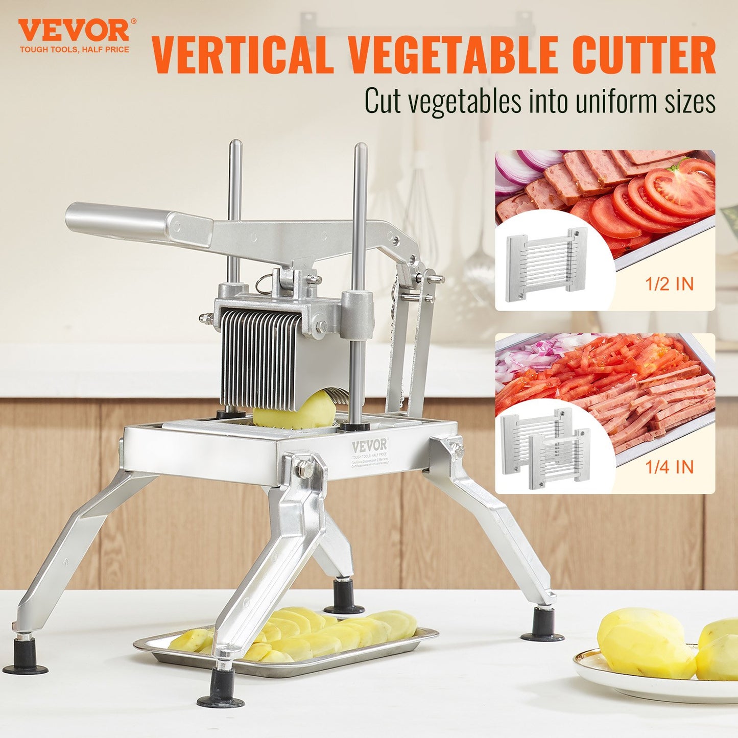 Commercial Vegetable Cutter, 1/4 and 1/2 Inch Tomato Cutter, Stainless Steel and Aluminum Alloy Vegetable Cutter, Manual Tomato Cutter with Non-Slip Feet, for Tomatoes, Onions, Potatoes