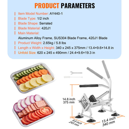 Commercial Vegetable Cutter, 1/2 Inch Fruit Cutter, Stainless Steel and Aluminum Alloy Vegetable Cutter, Manual Cutter with Non-Slip Feet, for Radishes, Onions, Potatoes, Lemons