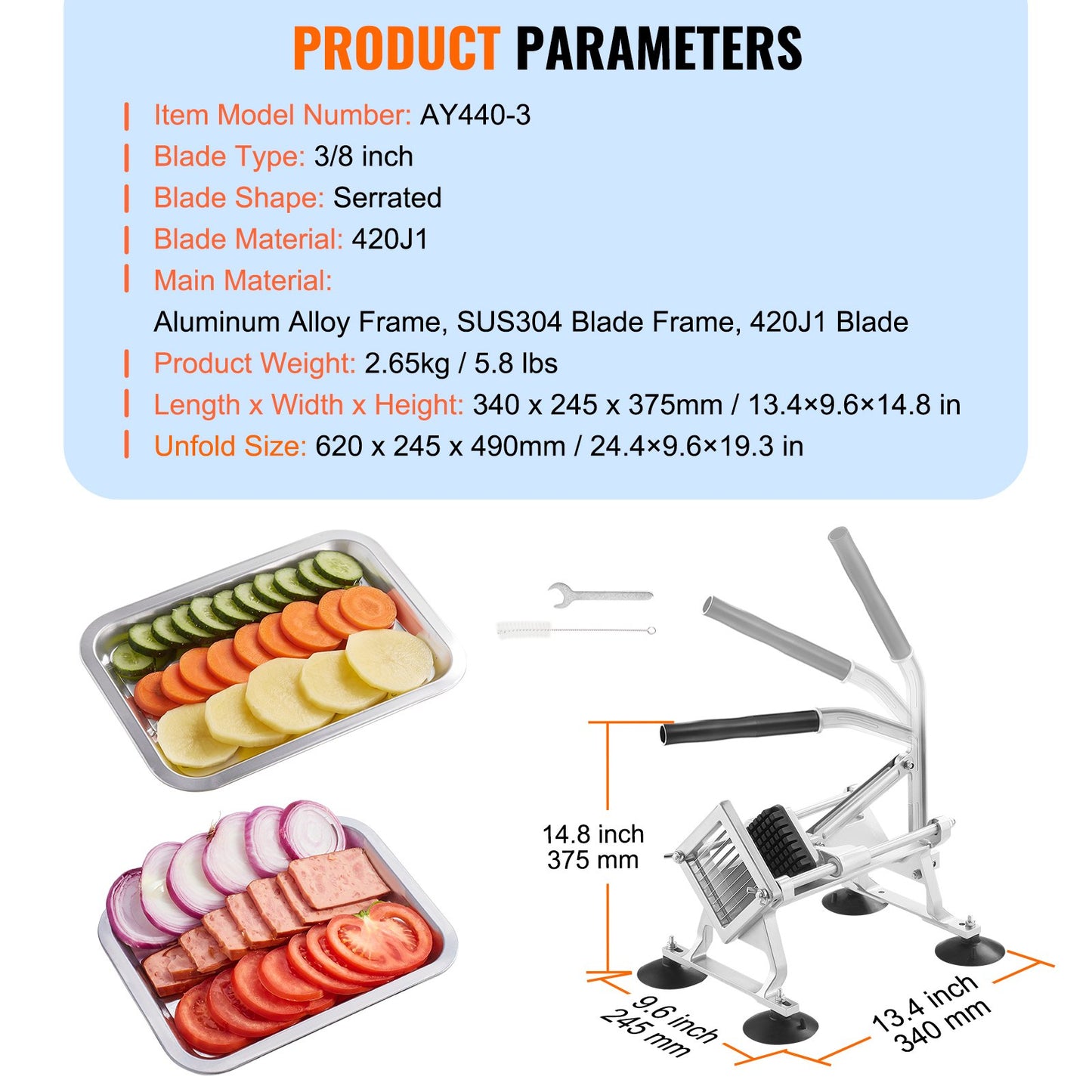 Commercial Vegetable Cutter, 3/8 Inch Fruit Cutter, Stainless Steel and Aluminum Alloy Vegetable Cutter, Manual Cutter with Non-Slip Feet, for Radishes, Onions, Potatoes, Lemons