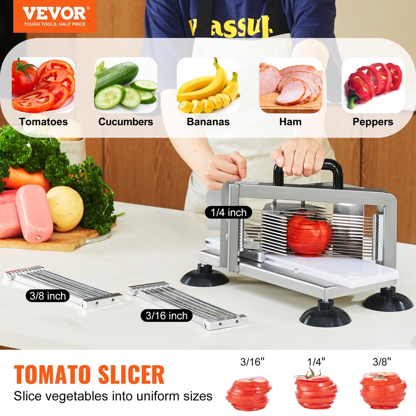 Commercial Tomato Slicer, 1/4"+3/8"+3/16" Tomato Slicer, Stainless Steel Heavy Duty Tomato Slicer, Manual Tomato Slicer with Non-Slip Feet, Tomato Slicer, Cucumbers, Bananas
