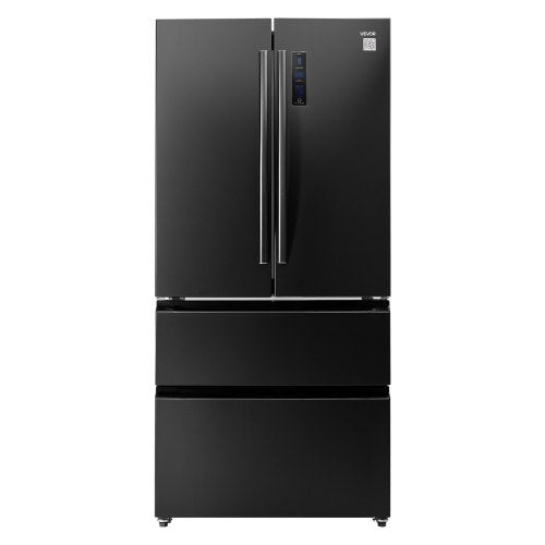 French Door Refrigerator, 18.9 Cu. Ft. Kitchen Fridge, Counter Depth French Refrigerator with LED Display and 4 Casters, Frost-Free Bottom Freezer Refrigerators for Home & Commercial Use, Black