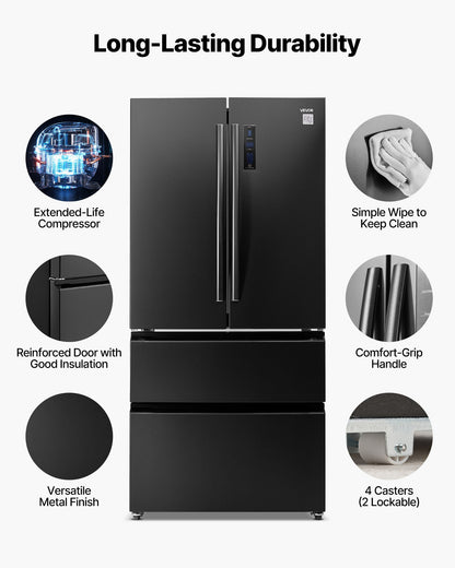 French Door Refrigerator, 18.9 Cu. Ft. Kitchen Fridge, Counter Depth French Refrigerator with LED Display and 4 Casters, Frost-Free Bottom Freezer Refrigerators for Home & Commercial Use, Black