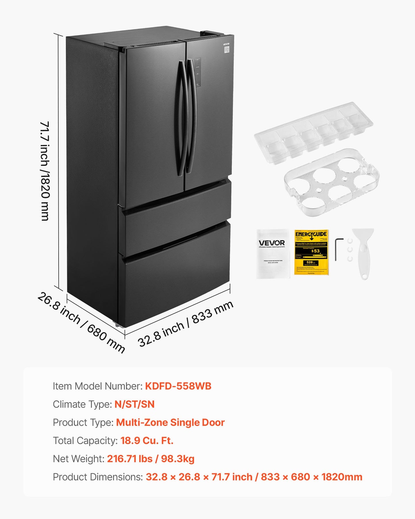 French Door Refrigerator, 18.9 Cu. Ft. Kitchen Fridge, Counter Depth French Refrigerator with LED Display and 4 Casters, Frost-Free Bottom Freezer Refrigerators for Home & Commercial Use, Black