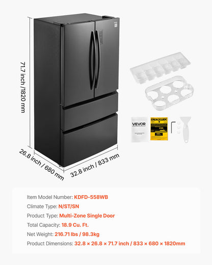 French Door Refrigerator, 18.9 Cu. Ft. Kitchen Fridge, Counter Depth French Refrigerator with LED Display and 4 Casters, Frost-Free Bottom Freezer Refrigerators for Home & Commercial Use, Black